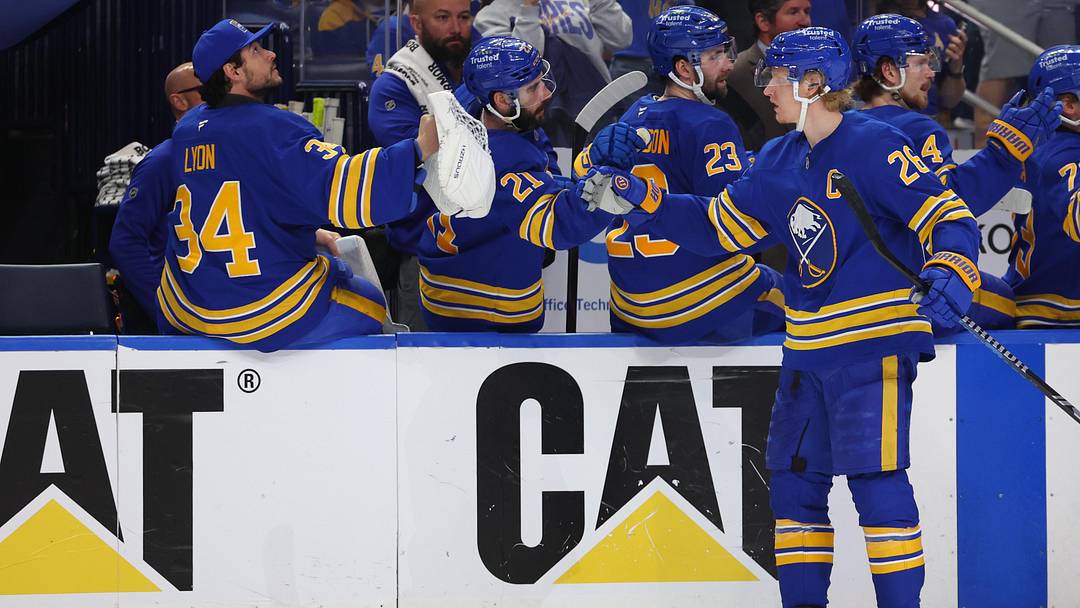 May 18, 2026; Buffalo, New York, USA; Buffalo Sabres defenseman Rasmus Dahlin (26) celebrates his goal with teammates during the third period against the Montréal Canadiens in game seven of the second round of the 2026 Stanley Cup Playoffs at KeyBank Center. Mandatory Credit: Timothy T. Ludwig-Imagn Images