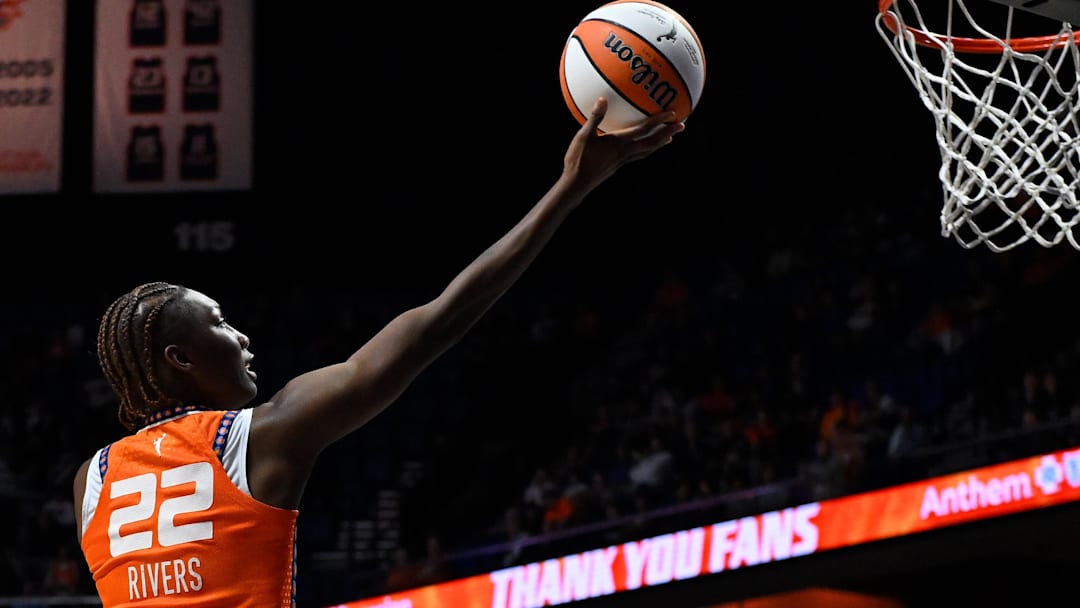 Sep 10, 2025; Uncasville, Connecticut, USA; Connecticut Sun guard Saniya Rivers (22) shoots a layup against the Atlanta Dream during the second half at Mohegan Sun Arena.