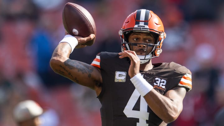 Nov 5, 2023; Cleveland, Ohio, USA; Cleveland Browns quarterback Deshaun Watson (4) throws the ball during warm ups before the game against the Arizona Cardinals at Cleveland Browns Stadium.