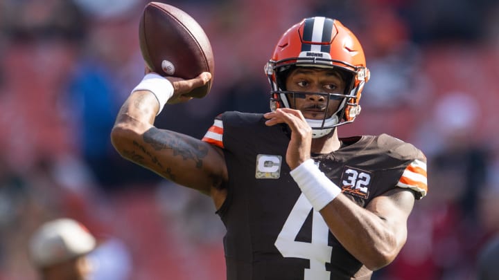 Nov 5, 2023; Cleveland, Ohio, USA; Cleveland Browns quarterback Deshaun Watson (4) throws the ball during warm ups before the game against the Arizona Cardinals at Cleveland Browns Stadium. Mandatory Credit: Scott Galvin-USA TODAY Sports