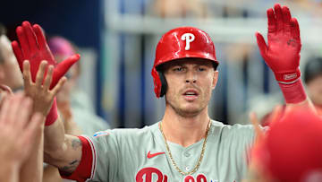 Sep 5, 2025; Miami, Florida, USA; Philadelphia Phillies right fielder Max Kepler (17) celebrates after hitting a home run against the Miami Marlins during the second inning at loanDepot Park. Mandatory Credit: Sam Navarro-Imagn Images