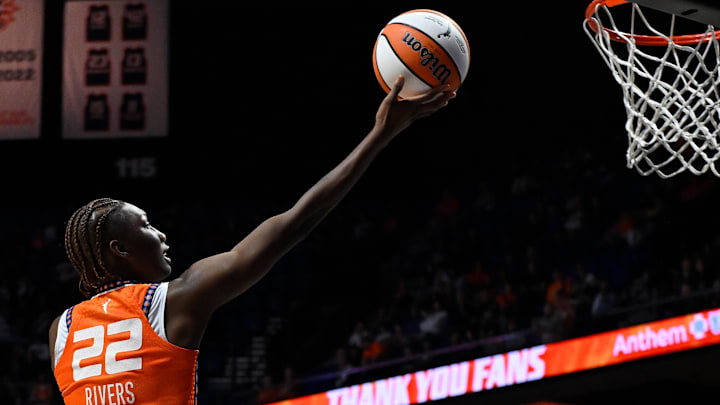 Sep 10, 2025; Uncasville, Connecticut, USA; Connecticut Sun guard Saniya Rivers (22) shoots a layup against the Atlanta Dream during the second half at Mohegan Sun Arena.