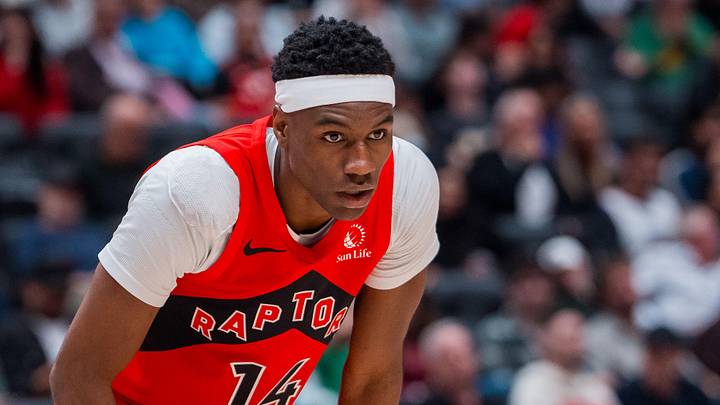Oct 6, 2025; Vancouver, British Columbia, CAN; Toronto Raptors guard Ja’Kobe Walter (14) during a stop in play against the Denver Nuggets in the second half at Rogers Arena. Mandatory Credit: Bob Frid-Imagn Images
