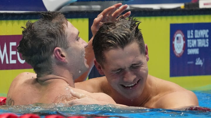 Keaton Jones and Ryan Murphy celebrate after competing in the 200-meter backstroke final