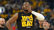 Apr 26, 2025; San Francisco, California, USA; Golden State Warriors forward Jonathan Kuminga (00) before game three of first round for the 2024 NBA Playoffs against the Houston Rockets at Chase Center. Mandatory Credit: Darren Yamashita-Imagn Images