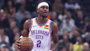 Nov 21, 2025; Salt Lake City, Utah, USA; Oklahoma City Thunder guard Shai Gilgeous-Alexander (2) brings the ball up the court against the Utah Jazz during the first half at Delta Center. Mandatory Credit: Rob Gray-Imagn Images