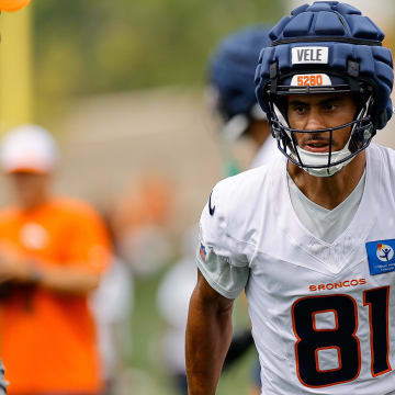 Jul 26, 2024; Englewood, CO, USA; Denver Broncos wide receiver Devaughn Vele (81) during training camp at Broncos Park Powered by CommonSpirit. 