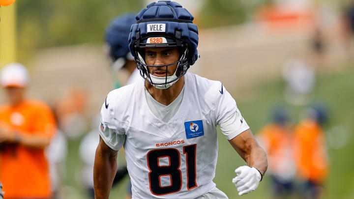 Jul 26, 2024; Englewood, CO, USA; Denver Broncos wide receiver Devaughn Vele (81) during training camp at Broncos Park Powered by CommonSpirit. 