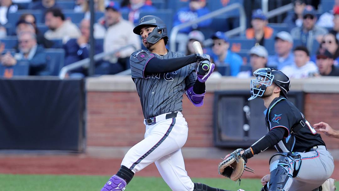 May 30, 2026; New York City, New York, USA; New York Mets first baseman Mark Vientos (27) follows through on a two run double against the Miami Marlins during the fourth inning at Citi Field. Mandatory Credit: Brad Penner-Imagn Images