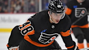 Jan 13, 2025; Philadelphia, Pennsylvania, USA; Philadelphia Flyers center Morgan Frost (48) against the Florida Panthers at Wells Fargo Center. Mandatory Credit: Eric Hartline-Imagn Images