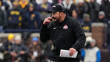 Ohio State Buckeyes head coach Ryan Day walks the sideline during the NCAA football game against the Michigan Wolverines at Michigan Stadium in Ann Arbor, Mich. on Nov. 29, 2025.