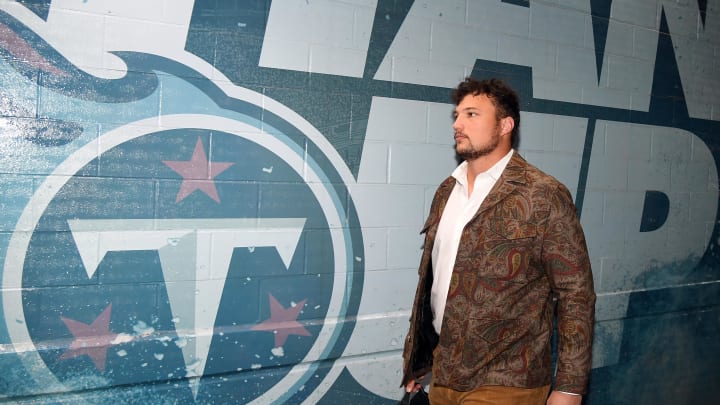 Dec 3, 2023; Nashville, Tennessee, USA; Tennessee Titans offensive tackle Dillon Radunz (75) walks to the locker room before the game against the Indianapolis Colts at Nissan Stadium. Mandatory Credit: Christopher Hanewinckel-USA TODAY Sports