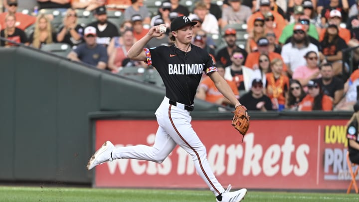 Aug 14, 2024; Baltimore, Maryland, USA;  Baltimore Orioles second baseman Jackson Holliday (7) throws to first base after fielding a first inning] ground ball against the Washington Nationals at Oriole Park at Camden Yards.