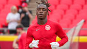 Aug 22, 2024; Kansas City, Missouri, USA; Kansas City Chiefs wide receiver Xavier Worthy (1) warms up against the Chicago Bears prior to a game at GEHA Field at Arrowhead Stadium. Mandatory Credit: Denny Medley-Imagn Images