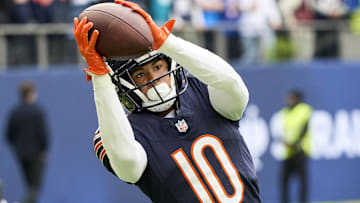 Oct 13, 2024; London, United Kingdom; Chicago Bears wide receiver Tyler Scott (10) catches the ball in warm ups during an NFL International Series game at Tottenham Hotspur Stadium. Mandatory Credit: Peter van den Berg-Imagn Images