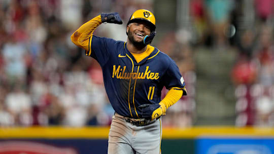 Chourio smiles as he runs the bases after hitting a homer over the Cincinnati Reds at Great American Ball Park in Cincinnati.