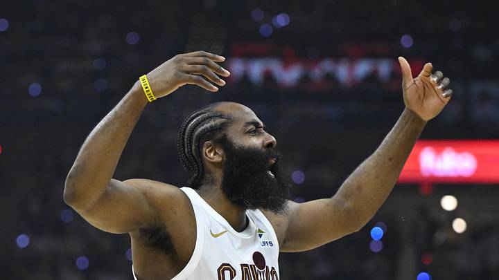 Apr 29, 2026; Cleveland, Ohio, USA; Cleveland Cavaliers guard James Harden (1) celebrates against the Toronto Raptors in the third quarter of game five of the first round of the 2026 NBA Playoffs at Rocket Arena. Mandatory Credit: David Richard-Imagn Images