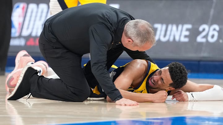 Indiana Pacers guard Tyrese Haliburton reacts after suffering an injury during the first quarter against the Oklahoma City Thunder during game seven of the 2025 NBA Finals at Paycom Center. Indiana Pacers guard Tyrese Haliburton reacts after suffering an injury during the first quarter against the Oklahoma City Thunder during game seven of the 2025 NBA Finals at Paycom Center.