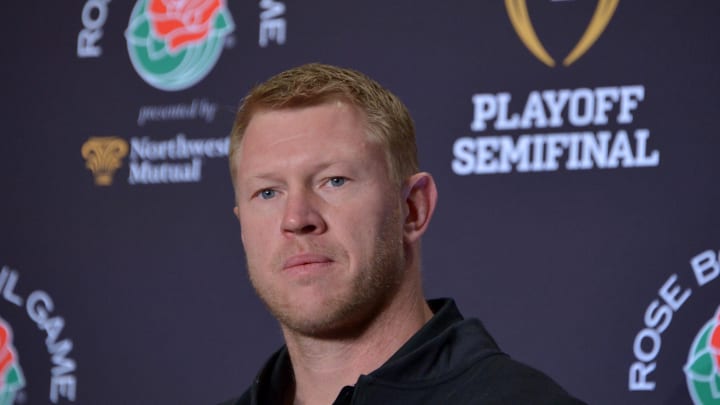 Dec 30, 2014; Los Angeles, CA, USA; Oregon Ducks offensive coordinator Scott Frost at press conference at the L.A. Hotel Downtown in advance of the 2015 Rose Bowl. Mandatory Credit: Kirby Lee-USA TODAY Sports