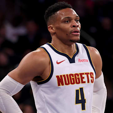Jan 29, 2025; New York, New York, USA; Denver Nuggets guard Russell Westbrook (4) reacts during the first quarter against the New York Knicks at Madison Square Garden. Mandatory Credit: Brad Penner-Imagn Images