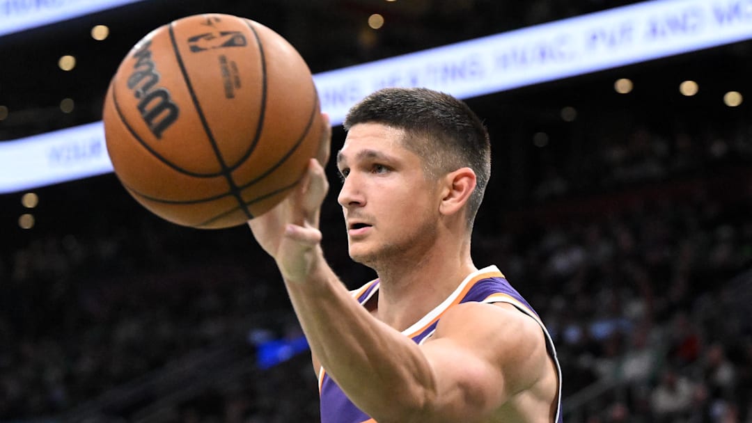 Mar 16, 2026; Boston, Massachusetts, USA; Phoenix Suns guard Grayson Allen (8) passes the ball against the Boston Celtics during the first half at the TD Garden. Mandatory Credit: Brian Fluharty-Imagn Images
