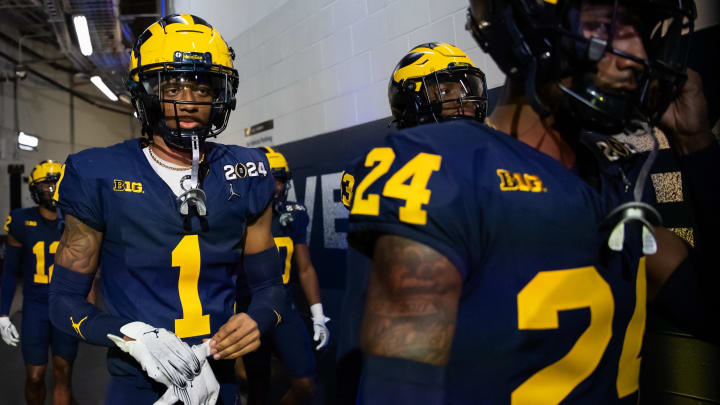 Jan 8, 2024; Houston, TX, USA; Michigan Wolverines defensive back Amorion Walker (1) against the Washington Huskies during the 2024 College Football Playoff national championship game at NRG Stadium. Mandatory Credit: Mark J. Rebilas-USA TODAY Sports