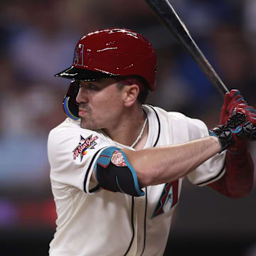 Jul 15, 2025; Cumberland, Georgia, USA; National League outfielder Corbin Carroll (7) of the Arizona Diamondbacks hits a solo home run in the sixth inning during the 2025 MLB All Star Game at Truist Park. Mandatory Credit: Brett Davis-Imagn Images