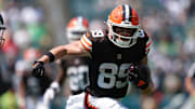 Aug 16, 2025; Philadelphia, Pennsylvania, USA; Cleveland Browns wide receiver Kaden Davis (89) makes a reception against the Philadelphia Eagles in the first half at Lincoln Financial Field. Mandatory Credit: Kyle Ross-Imagn Images