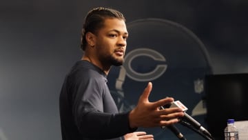 Rome Odunze holds court with the media before Chicago Bears rookie minicamp.