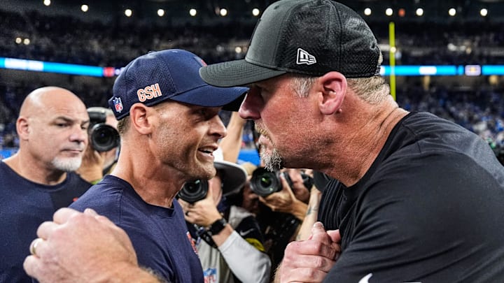 Detroit Lions head coach Dan Campbell, right, shakes hands with Chicago Bears head coach Ben Johnson after 52-21 win over the Bears at Ford Field in Detroit on Sunday, Sept. 14, 2025.