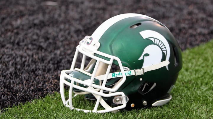 Sep 4, 2015; Kalamazoo, MI, USA; General view of Michigan State Spartans helmet on field prior to a