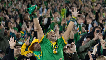 Oregon fans cheer for the Ducks during the game against Maryland at Autzen Stadium Saturday, Nov. 9, 2024.