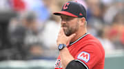 Jul 30, 2025; Cleveland, Ohio, USA; Cleveland Guardians manager Stephen Vogt (12) in the second inning against the Colorado Rockies at Progressive Field. Mandatory Credit: David Richard-Imagn Images