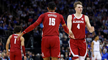 Mar 29, 2025; Newark, NJ, USA; Alabama Crimson Tide forward Grant Nelson (4) celebrates with forward Jarin Stevenson (15) after a play during the first half against the Duke Blue Devils in the East Regional final of the 2025 NCAA tournament at Prudential Center. Mandatory Credit: Vincent Carchietta-Imagn Images