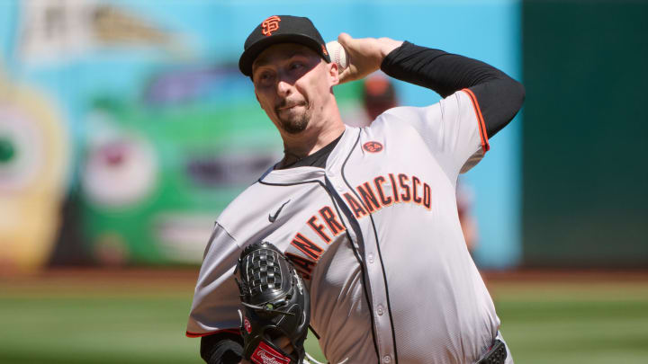 Aug 18, 2024; Oakland, California, USA; San Francisco Giants starting pitcher Blake Snell (7) throws a pitch against the Oakland Athletics during the first inning at Oakland-Alameda County Coliseum. 