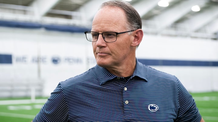 Penn State football defensive coordinator Tom Allen talks to reporters at Holuba Hall on June 13 in State College.