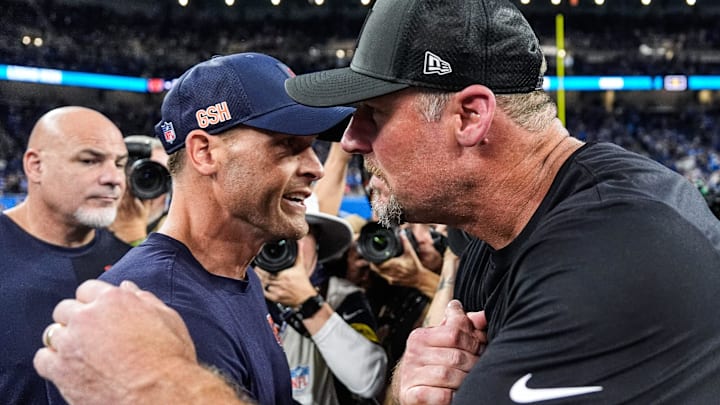 Detroit Lions head coach Dan Campbell, right, shakes hands with Chicago Bears head coach Ben Johnson after a 52-21 win over the Bears at Ford Field in Detroit on Sunday, Sept. 14, 2025.