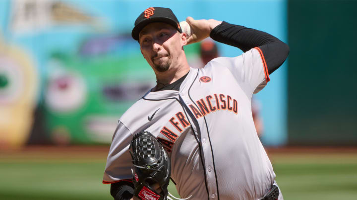 Aug 18, 2024; Oakland, California, USA; San Francisco Giants starting pitcher Blake Snell (7) throws a pitch against the Oakland Athletics during the first inning at Oakland-Alameda County Coliseum. Mandatory Credit: Robert Edwards-USA TODAY Sports