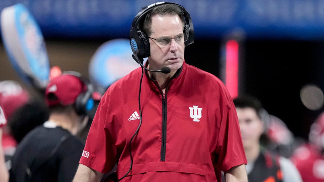 Indiana Hoosiers head coach Curt Cignetti walks the sideline Friday, Jan. 9, 2026, during the Peach Bowl and semifinal game of the College Football Playoff against the Oregon Ducks at Mercedes-Benz Stadium in Atlanta.