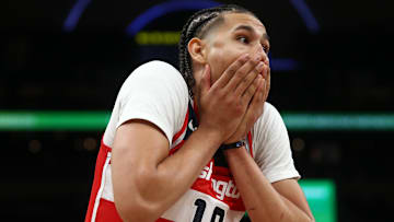 Nov 8, 2024; Memphis, Tennessee, USA; Washington Wizards forward Kyshawn George (18) reacts during the second half against the Memphis Grizzlies at FedExForum. Mandatory Credit: Petre Thomas-Imagn Images