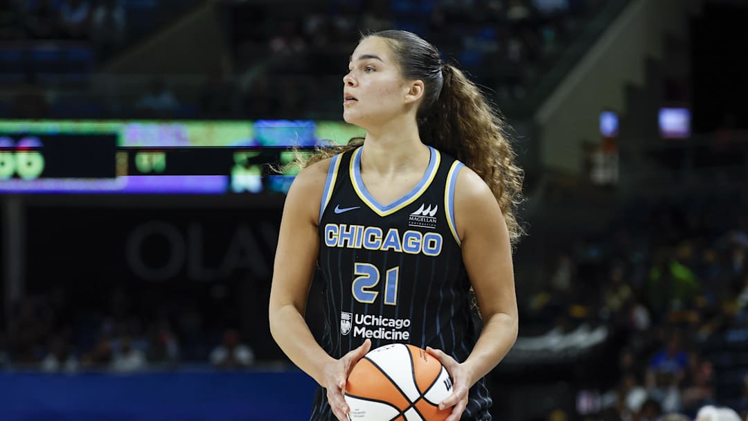 Sep 11, 2025; Chicago, Illinois, USA; Chicago Sky forward Maddy Westbeld (21) looks to pass the ball against the New York Liberty during the second half at Wintrust Arena. Mandatory Credit: Kamil Krzaczynski-Imagn Images