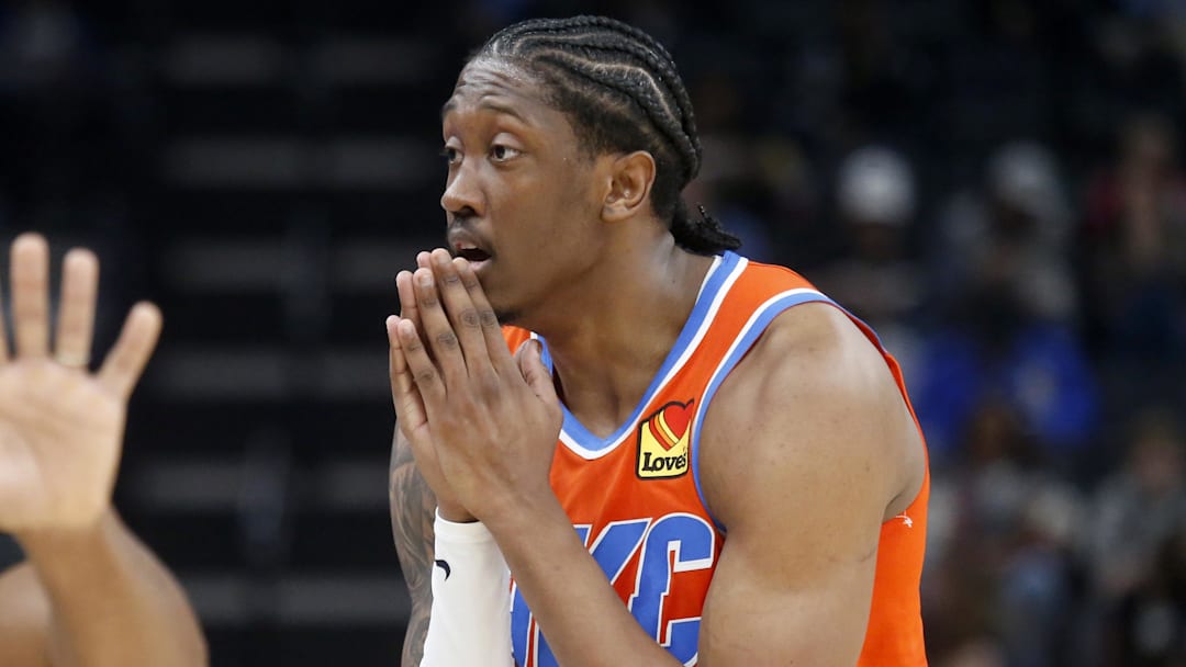 Jan 9, 2026; Memphis, Tennessee, USA; Oklahoma City Thunder guard Jalen Williams (8) reacts during the second quarter against the Memphis Grizzlies at FedExForum. Mandatory Credit: Petre Thomas-Imagn Images