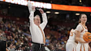 Mar 7, 2025; Greenville, SC, USA; Texas Longhorns head coach Vic Schaefer reacts to a call by officials against the Ole Miss Rebels during the second half at Bon Secours Wellness Arena. Mandatory Credit: Jim Dedmon-Imagn Images