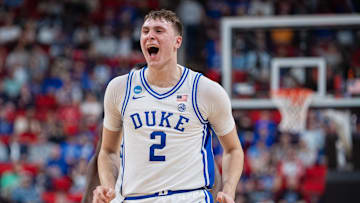 Mount St. Mary's v Duke; Duke basketball forward Cooper Flagg celebrates during the NCAA Tournament