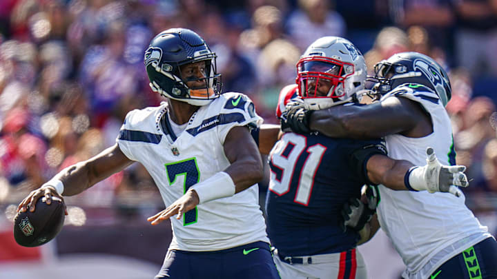 Sep 15, 2024; Foxborough, Massachusetts, USA; Seattle Seahawks quarterback Geno Smith (7) throws a pass against the New England Patriots in the second half at Gillette Stadium.  