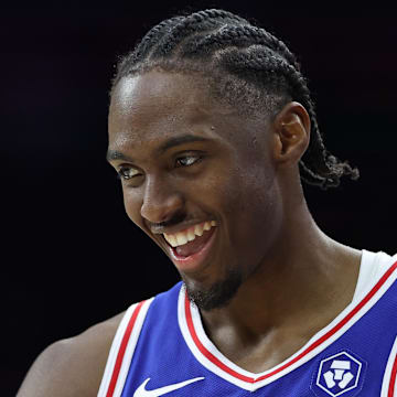 Feb 24, 2025; Philadelphia, Pennsylvania, USA; Philadelphia 76ers guard Tyrese Maxey (0) reacts during the third quarter against the Chicago Bulls at Wells Fargo Center. Mandatory Credit: Bill Streicher-Imagn Images