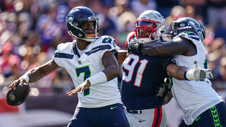 Sep 15, 2024; Foxborough, Massachusetts, USA; Seattle Seahawks quarterback Geno Smith (7) throws a pass against the New England Patriots in the second half at Gillette Stadium.