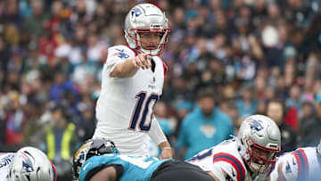 Oct 20, 2024; London, United Kingdom; New England Patriots quarterback Drake Maye (10) in the first half during an NFL International Series game at Wembley Stadium. Mandatory Credit: Peter van den Berg-Imagn Images