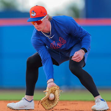 Feb 12, 2025; Port St. Lucie, FL, USA; New York Mets first baseman Ryan Clifford (87) works during a Spring Training workout at Clover Park. Mandatory Credit: Sam Navarro-Imagn Images