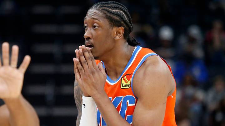Jan 9, 2026; Memphis, Tennessee, USA; Oklahoma City Thunder guard Jalen Williams (8) reacts during the second quarter against the Memphis Grizzlies at FedExForum. Mandatory Credit: Petre Thomas-Imagn Images
